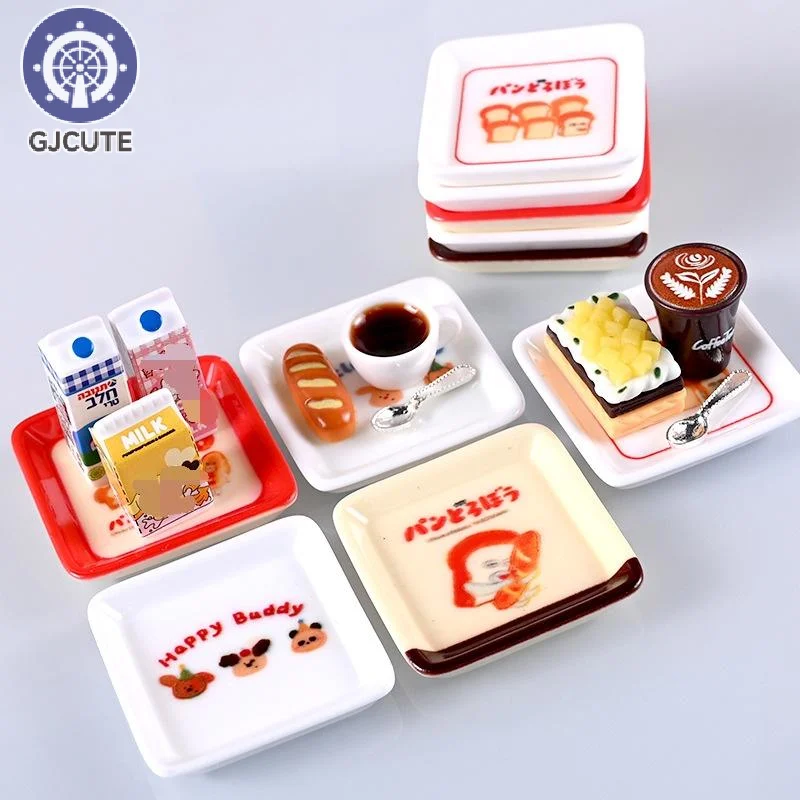 Juguete de cocina para juego de imitación, 10 piezas, mini juegos de platos con bandeja de dibujos animados para casa de muñecas 1/12, decoración de simulación