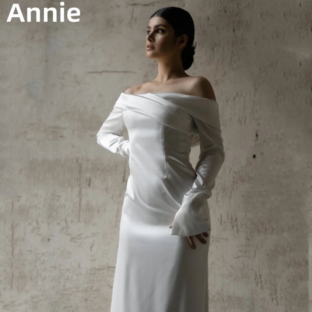 Annie sexy schulter freie Satin Ballkleider Meerjungfrau lange Ärmel mit Schwanz Abendkleid weiße Braut Hochzeits kleid