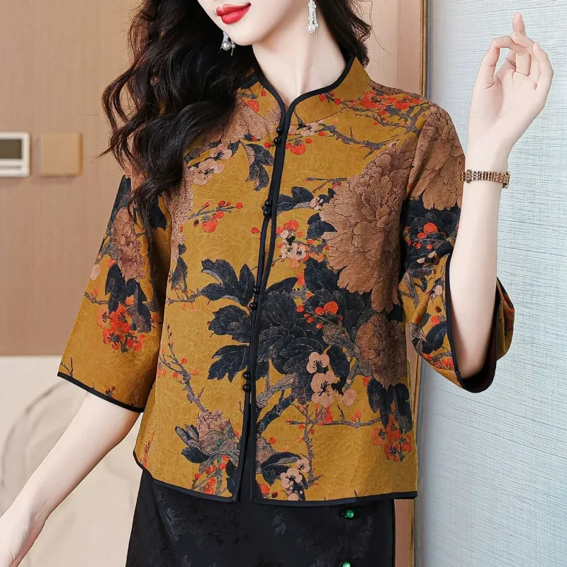 

Women's Retro Chinese Style Stand Collar Jacket Floral Print Half Sleeve Blouse Traditional Elegant Casual Top