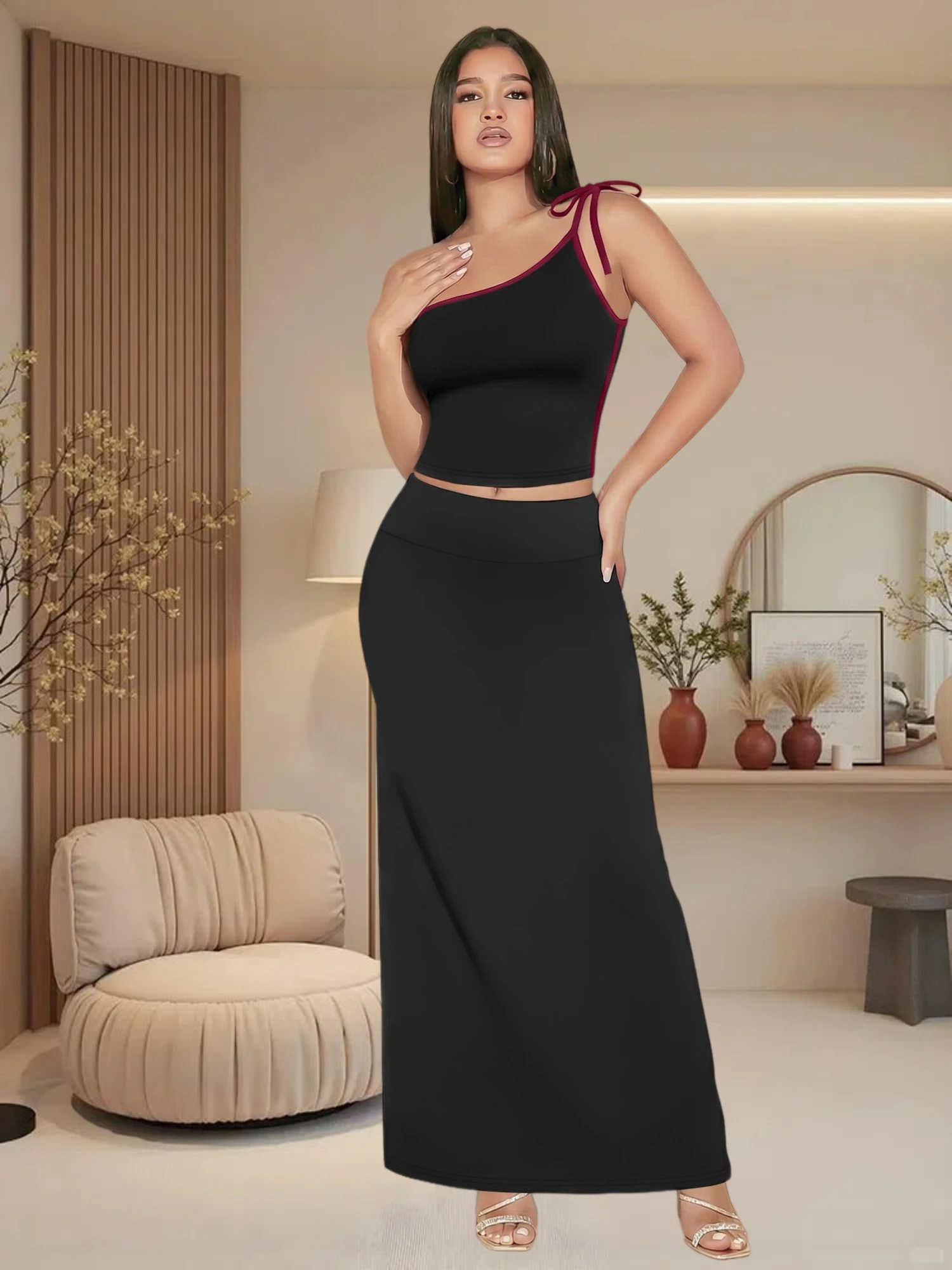 

Chic One Shoulder Sleeveless Top & High Waist Long Skirt Co Ord Set Women Trendy Outfit