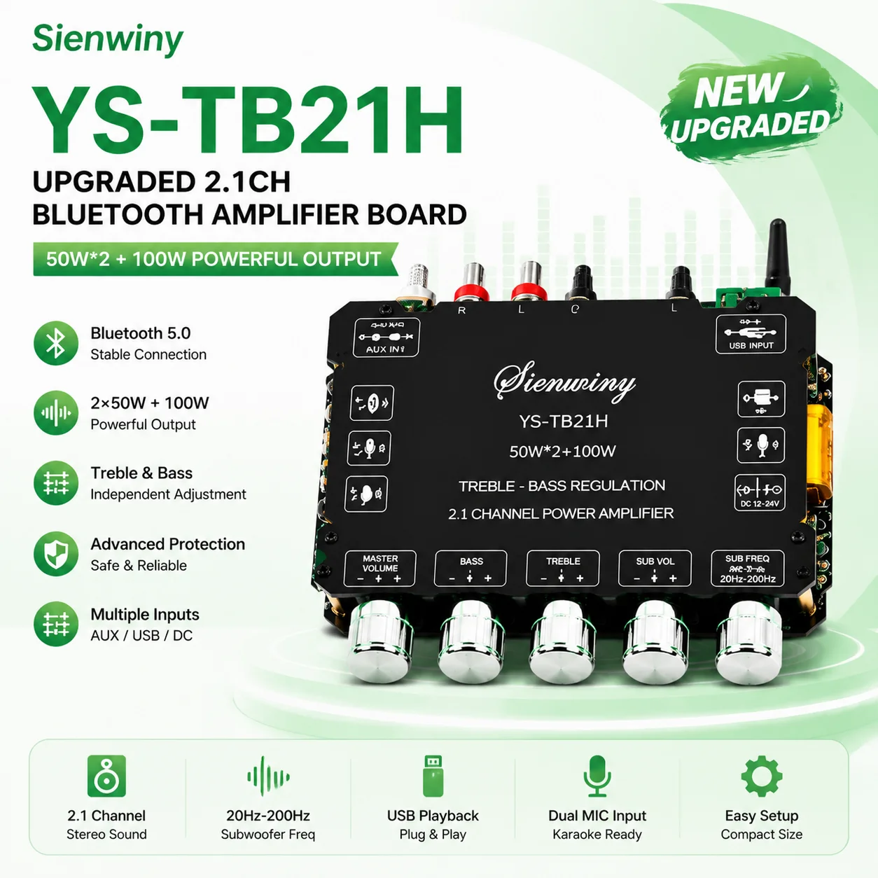 YS-TB21/TB21H 2.1CH Bluetooth 5.0 Amplifier Board 50W*2+100W HiFi Stereo Audio Power Amplifier Dual MIC DIY Speaker