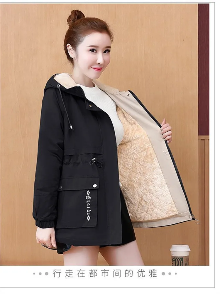 Winter Loose Hooded Thicken Fleece Lined Parkas Warm Casual Trenchcoat Korean Mid-length Coat Windbreaker Snow Jacket Outwear