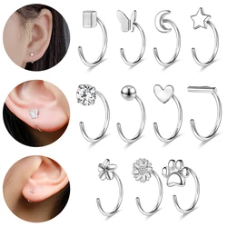 AOEDEJ-pendientes abiertos de plata de 20G para niña, arete de aro con forma de corazón de gato, apertura de cristal, Piercings circulares, 2 unidades, 999