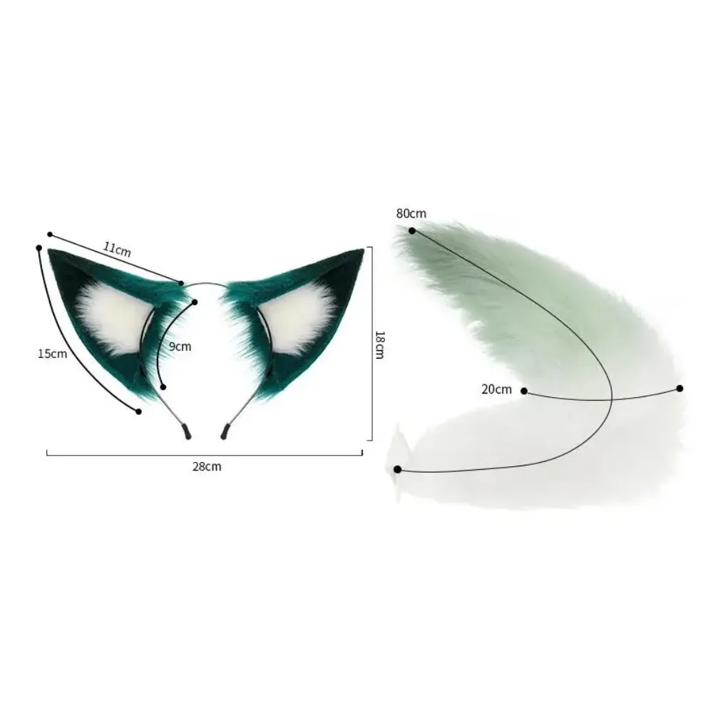 Gradient Teal Fox Ears Headband Fluffy Light Green Fox Tail Set Adjustable Belt Cosplay Furry Costume Set