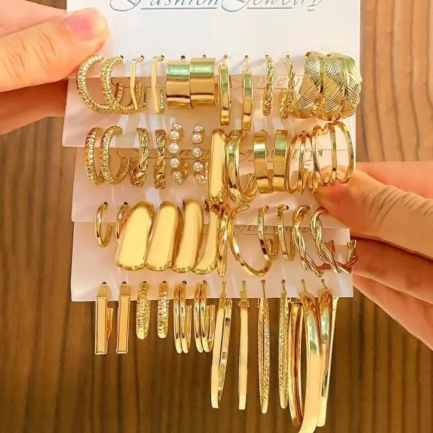 Модные ретро золотые геометрические широкие глянцевые металлические серьги-кольца, набор из 48 шт. для женщин