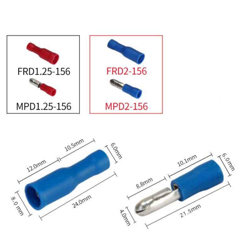 10/50Pairs red and blue male and female bullet insulated connector crimping terminal FRD1.25-156 FRD2-156 MPD1.25-156 MPD2-156