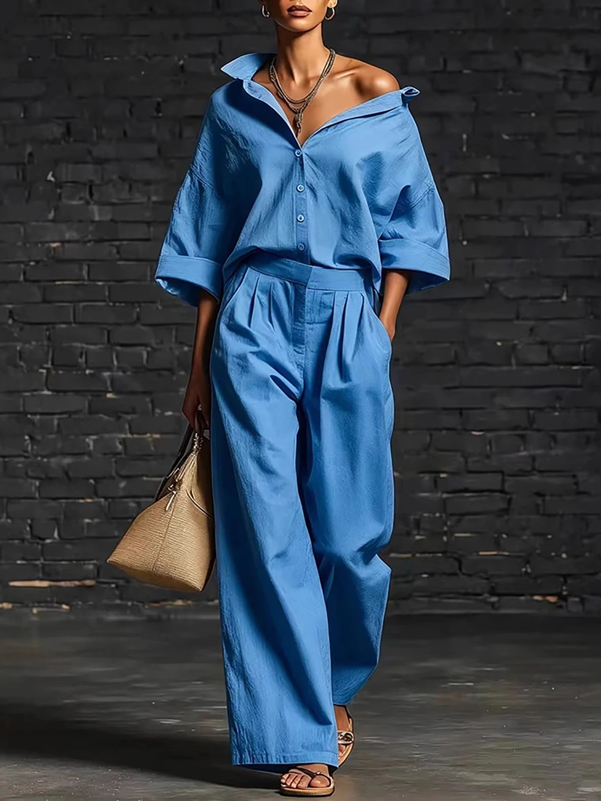 Damen-Set aus Kunstleinen: Elegantes, übergroßes Hemd mit 3/4-Ärmeln und lässige Bluse mit weitem Bein – Alltags-Set – Detail 3