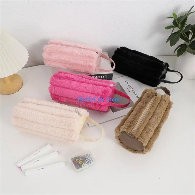 E65E Large Capacity Pencil Case with Handle Spacious Compartments Plush Pencil Pouches Pen Organizers Bag Travel Makeup Bag