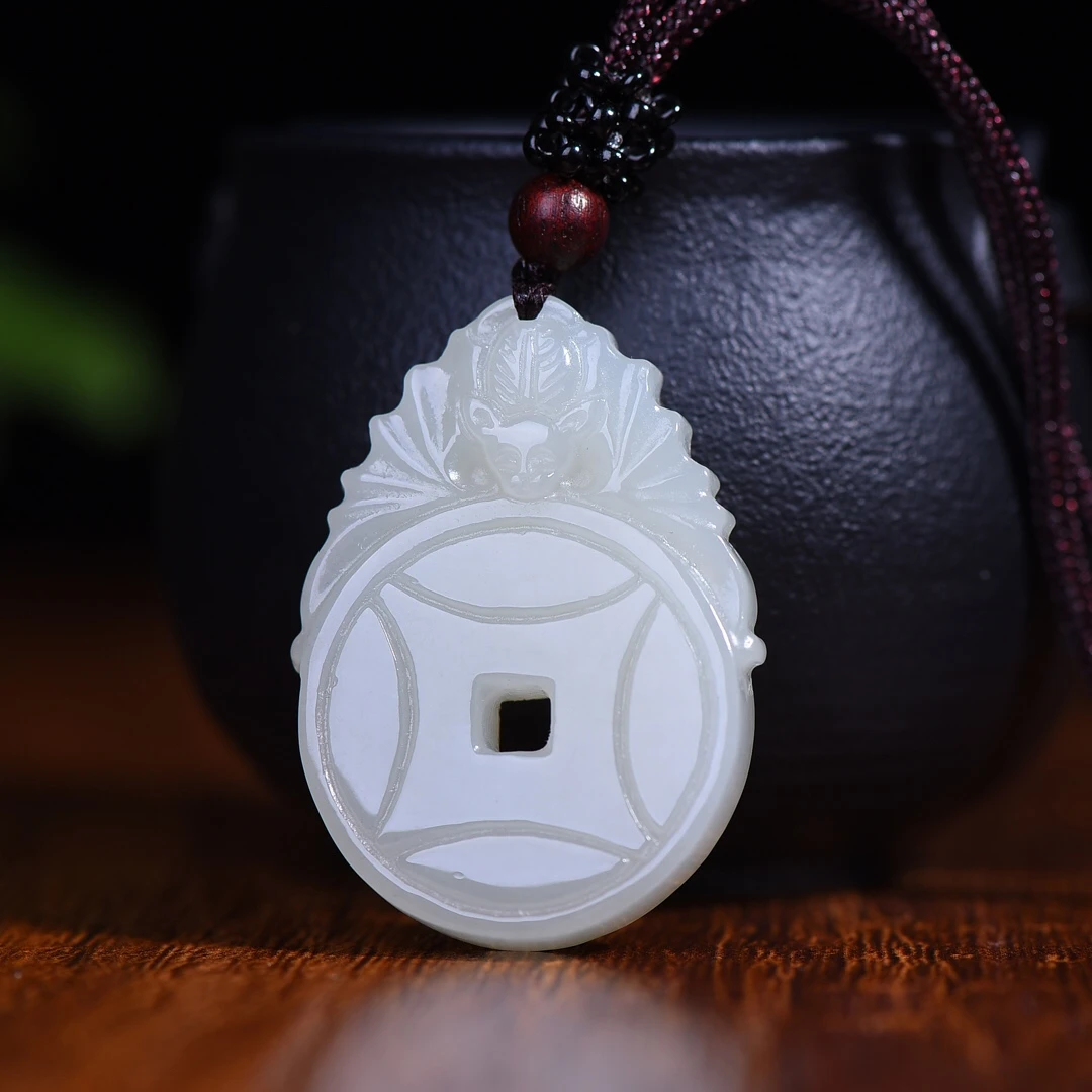 

Genuine China Nephrite Stone White Hetian Jade Bat Gold Coin Pendant Lucky Amulet Necklace Men Women Certified Jewelry Gifts