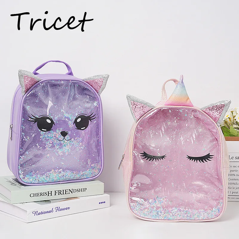 

New Cartoon Cat Unicorn Girls Backpack PVC Transparent Bling Children Bags Princess Zip Kids School Bags