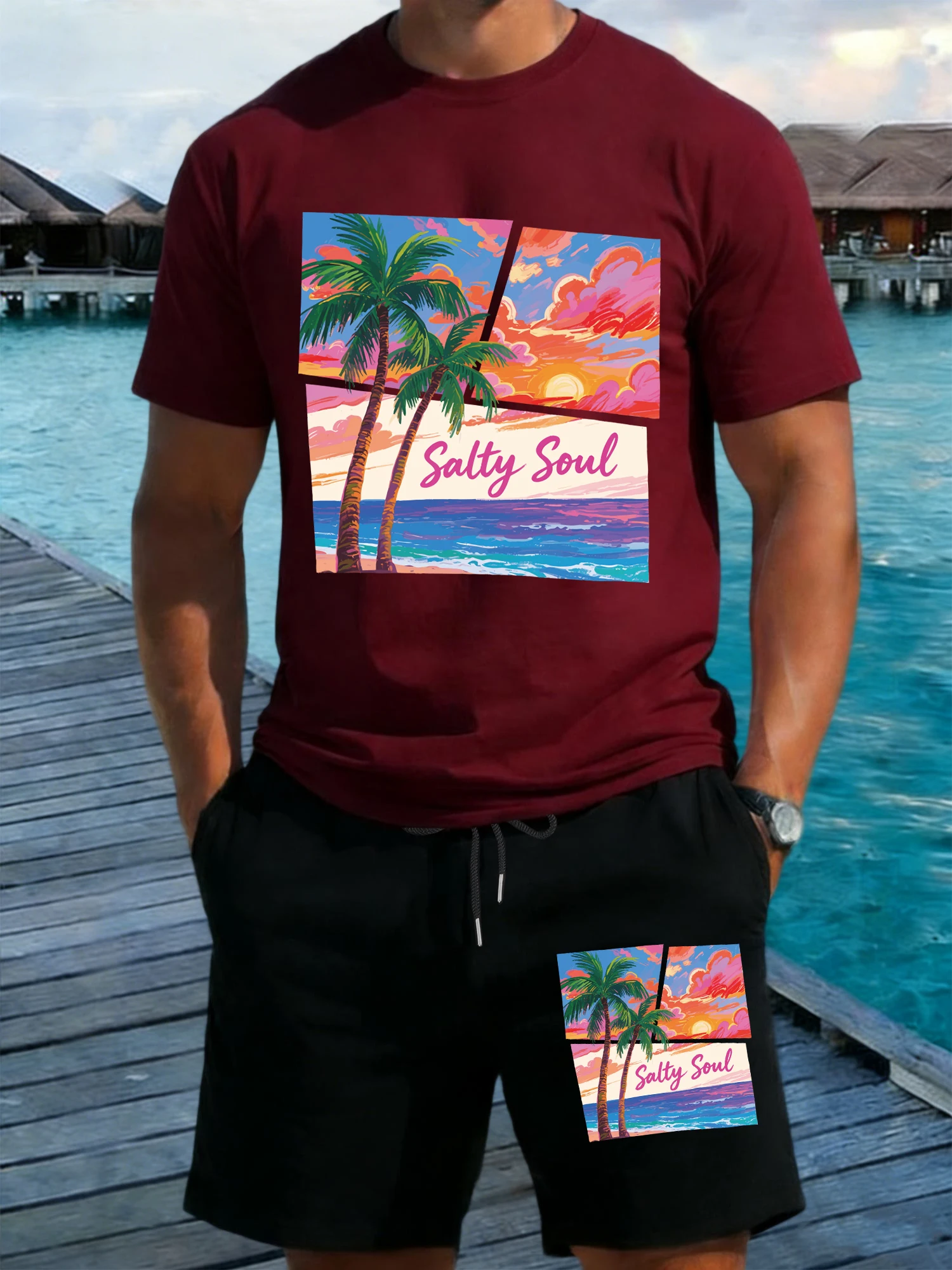 

Мужской комплект футболок с принтом «Найди себя у моря»: свободная футболка с круглым вырезом и широкие шорты на шнурке, летние хлопковые футболки