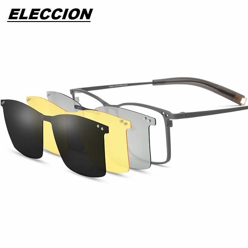 ELECCION Titanium Optical Prescription Glasses Frame Men Square Magnet Clip Eyeglasses with 3D and Night Vision & Polarized Lens