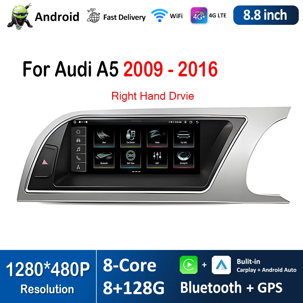 

8.8 inch 1280*480P Right Hand Drvie for Audi A5 2009 2010 - 2016 Android 14 Car Radio Video Multimedia Player BT GPS WiFi