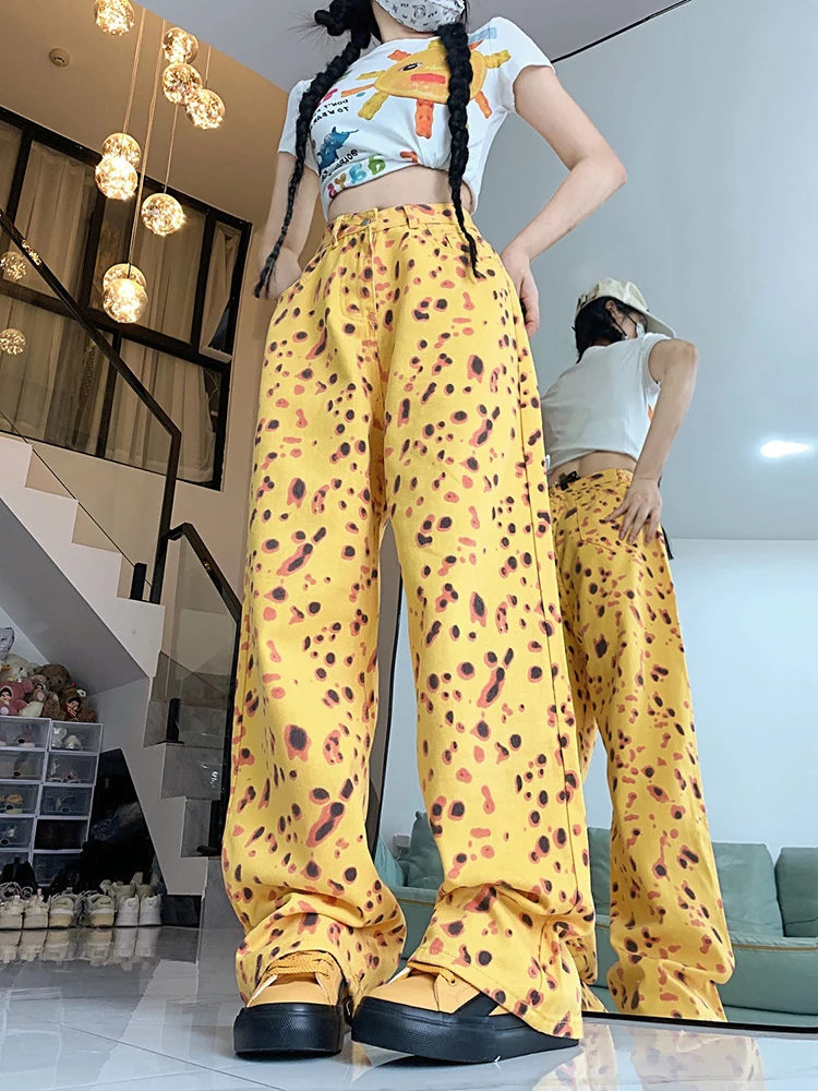Y2K Vintage Leopard Jeans Women High Waist Loose Casual Streetwear Wide Leg Denim Pants High Street Hottie Straight Trouser New