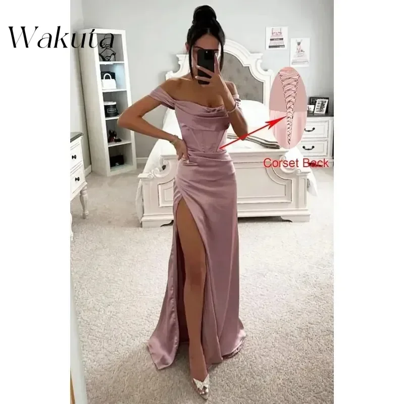 Wakuta Fashion Off Shoulder Bridesmaid Prom Dresses for Women Satin Long Formal Wedding Evening Party Gowns with Slit Vestidos