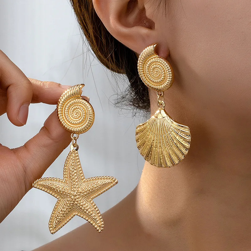 

Bohemian Gold Metallic Starfish Shell Dangle Earrings For Girls Beach Holiday Personality Asymmetric Earring Party Jewelry Gift