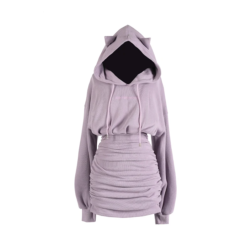 Original Designer Purple Hot Girl Hooded Dress Waist Slimming Sheath Skirt Sweater Dress Pleated  for Women Spring and Autumn