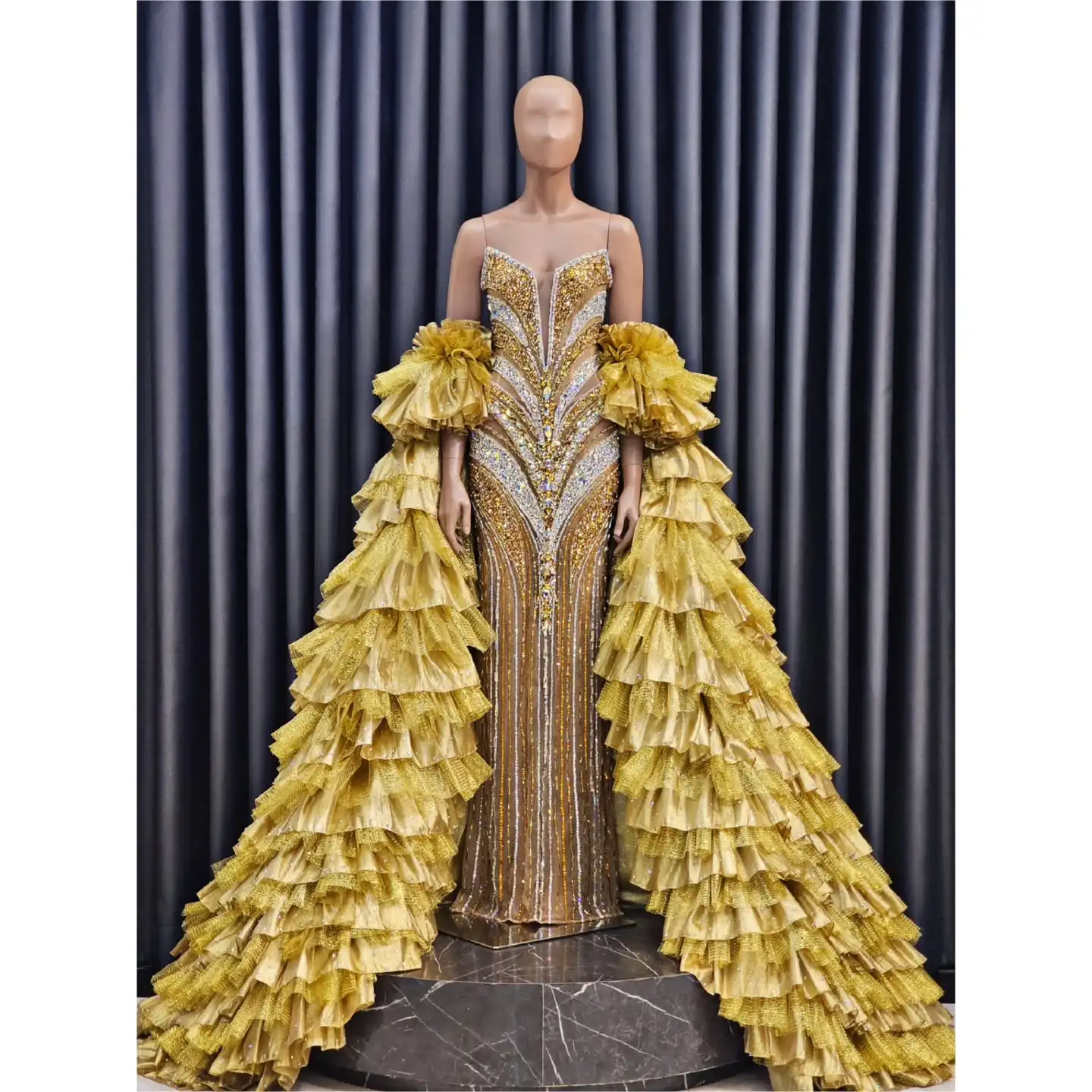 

Gold Sequin Ruffled Long Sleeve for Evening Gown Luxury Formal Dress Out Layer Women Overlay Sleeves Red Carpet Wedding Pageant