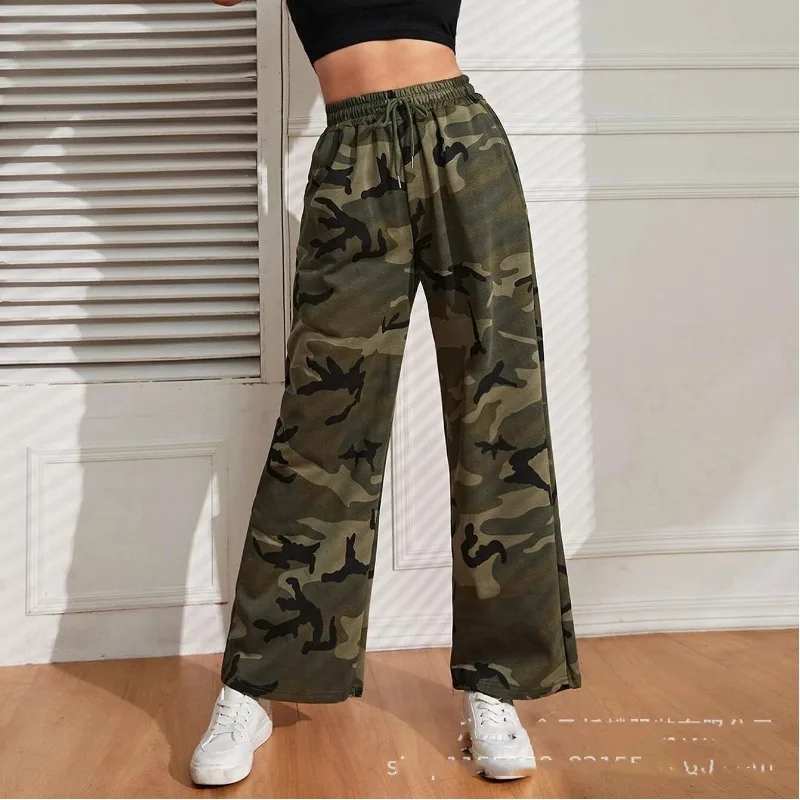 

Women's Spring Autumn Camouflage Drawstring Bandage Elastic Geometric High Waisted Wide Leg Loose Casual Trousers Fashion Pants