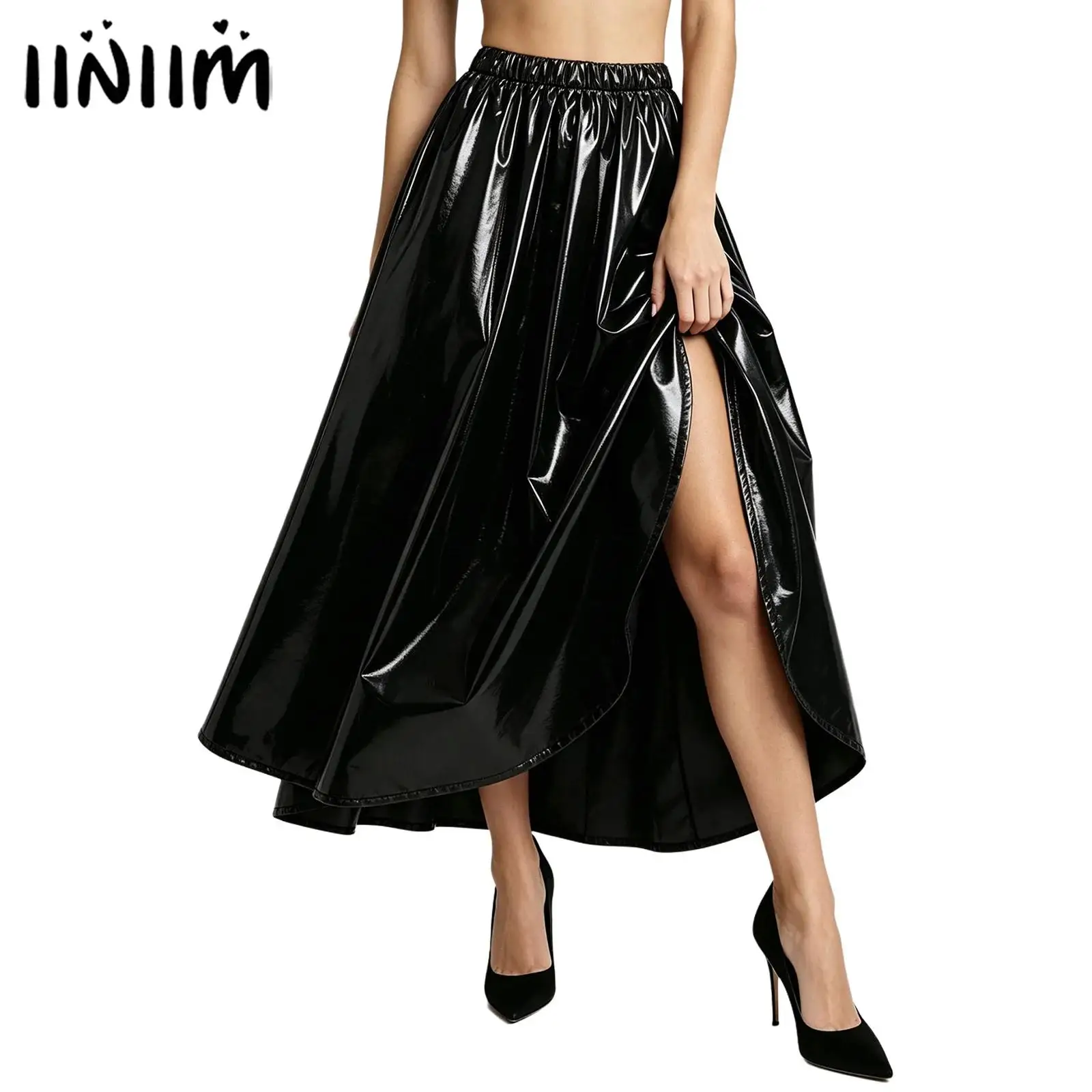 Womens Waterproof Vinyl Long Skirt Elastic Waistband Swing Skirt Glossy Cover-up Maxi Skirt Clubwear Rave Party Beach Costume