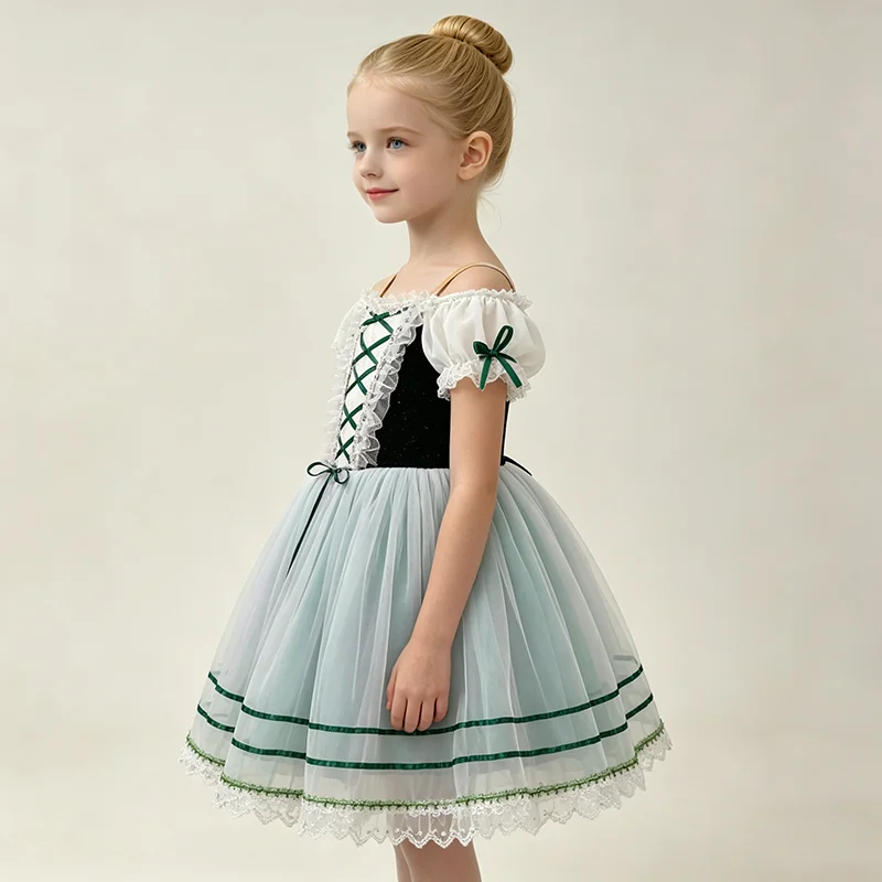 Kids black and green contrast off shoulder lace flutter sleeve lace-up bow ballet tutu green striped trim dance dress for folk b
