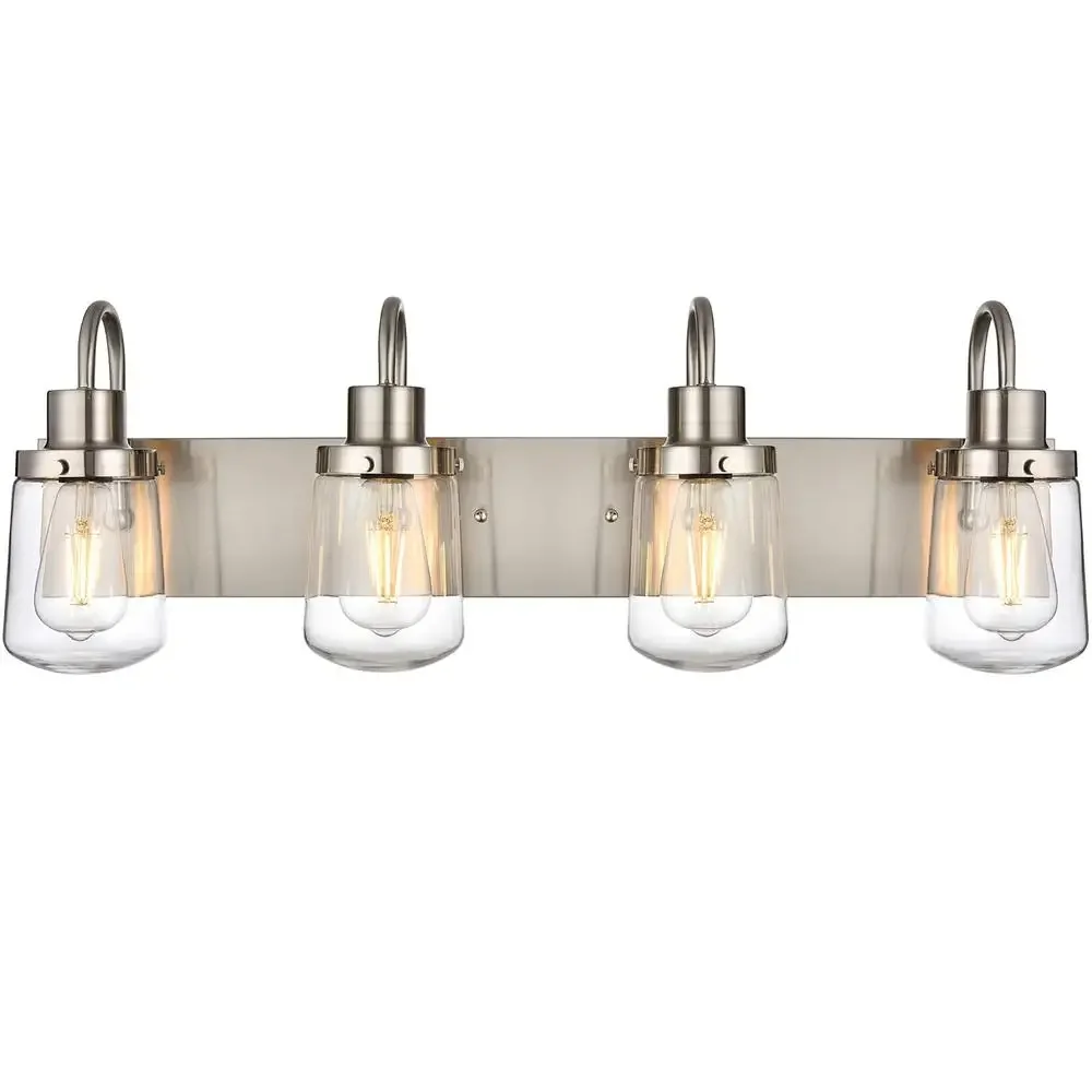 Modern 4-Light Vanity Light Fixture Dimmable Clear Glass Shades Satin Nickel Wall Lamp Bathroom Living Room