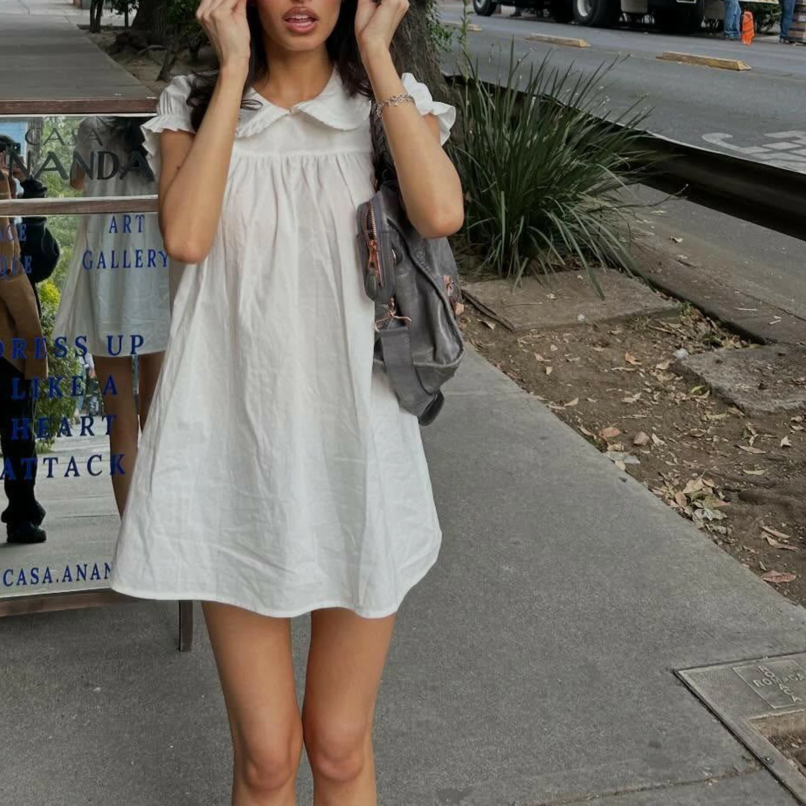 Short Sleeve Shirts Dress Solid Color Doll Collar Loose Blouses Sweet Girl Summer Casual Tops Tee Y2K Coquette Streetwear