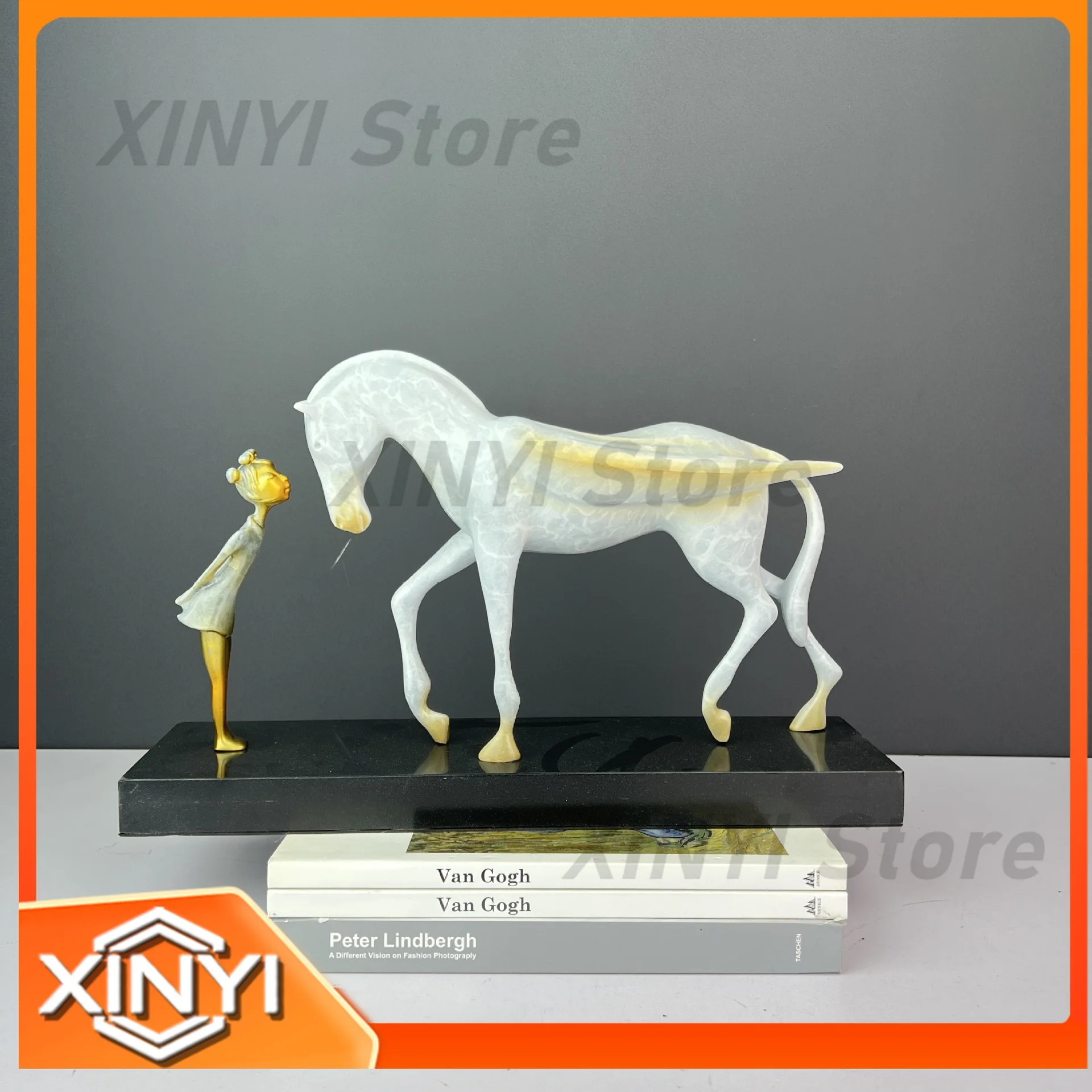 Modern Luxe Metal Girl and Horse Animal Sculpture Creative Desktop Decor for Home Office Study Room Interior Decoration
