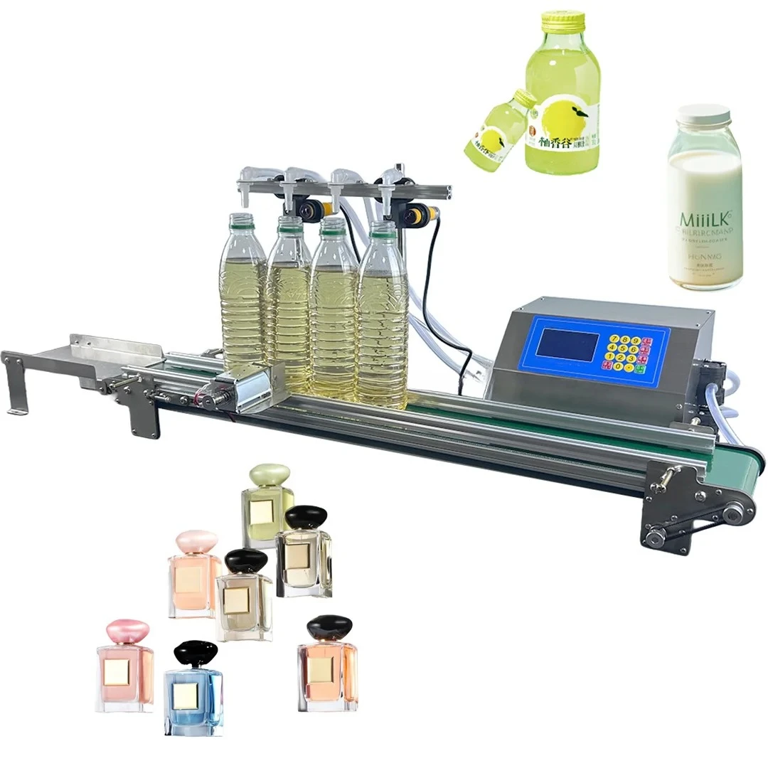 

4-Heads Peristaltic Diaphragm Pump Water Drink Wine Liquid Milk Essential Oil Juice Perfume Bottle Filling Machine With Conveyor