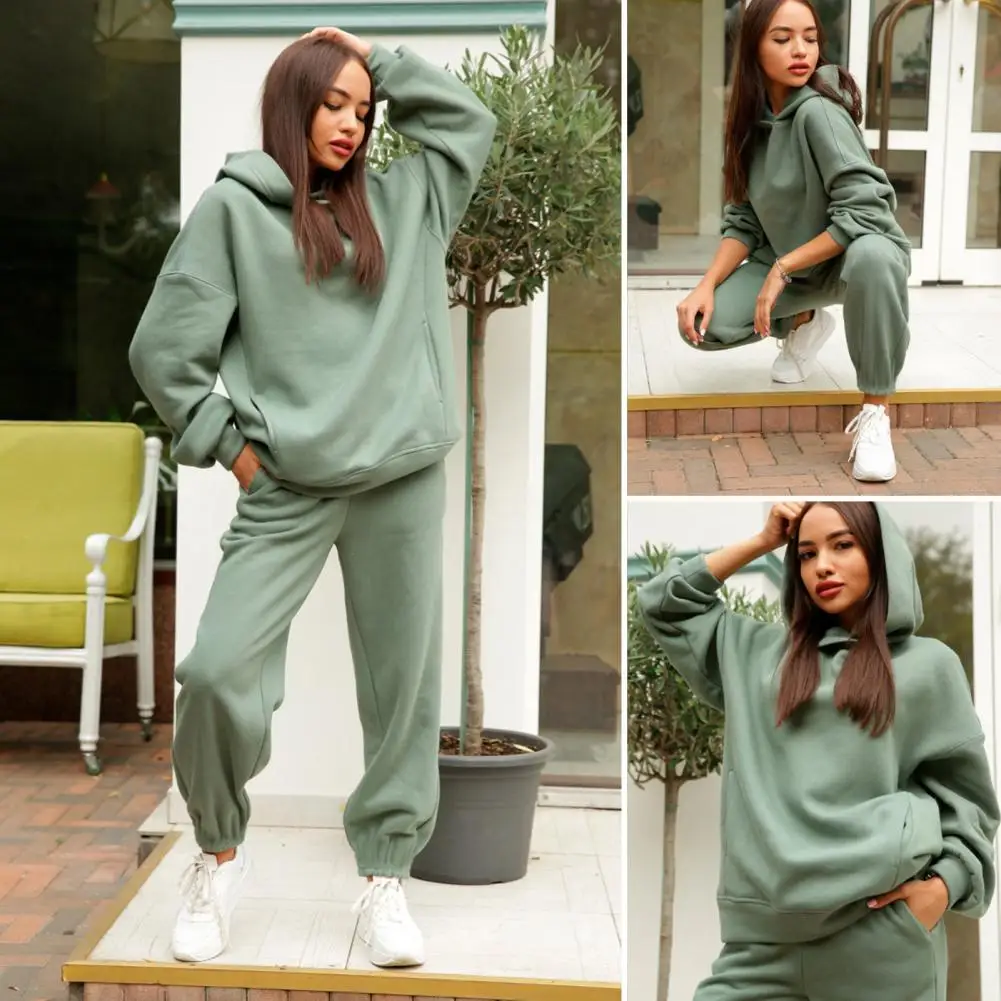 Autumn Hoodie Sweatpants Set Elastic Waist Winter Hoodie Pants Set Elastic Cuff Deep Crotch Winter Hoodie Pants Set