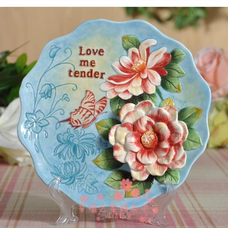 3D Blue Rose Decorative Wall Dishes Porcelain Plates Home Decor Crafts Room Decoration Accessories Figurine