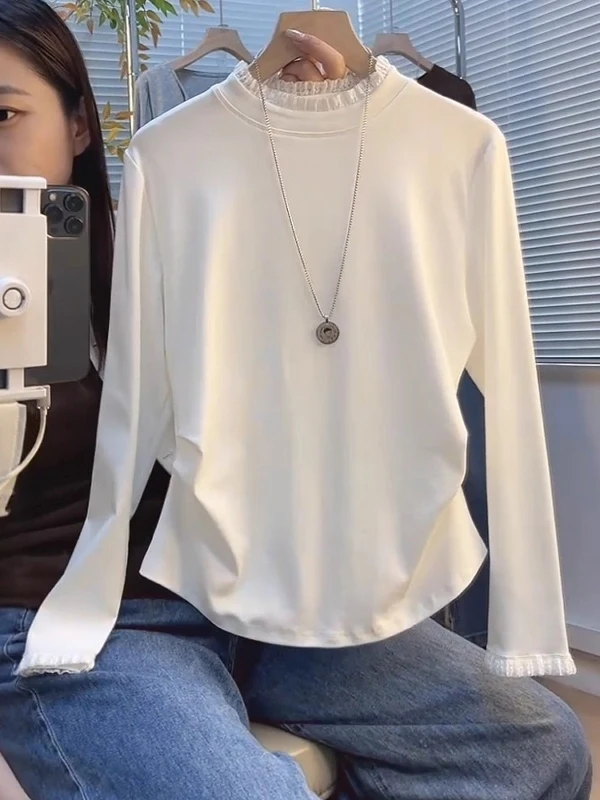 

Ele Lace Splice Pure Cotton Long Sve T-irt Women's Autumn Winter plus Size Slimming Waist Cinched Base irt