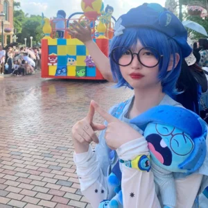 Synthetische blaue Traurigkeit Perücke【+Perückenkappe+Brille】Kurze blaue Bob-Perücken Cosplay-Perücke Frauen gerade blaue Perücke Kostüm-Outfit Halloween – Detail 10