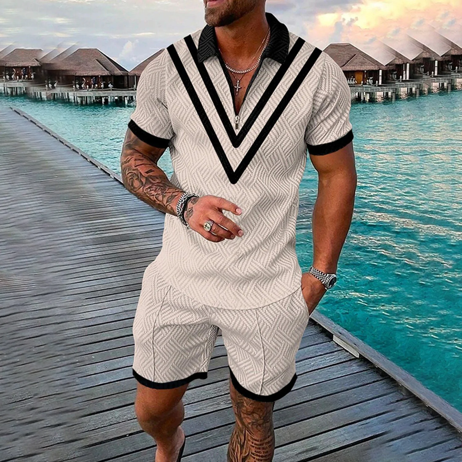 

2An Interesting men's 2-piece Fashion Polo Shirt + Shorts set, Casual short-sleeved Zippered shirt, Summer Streetwear Homme