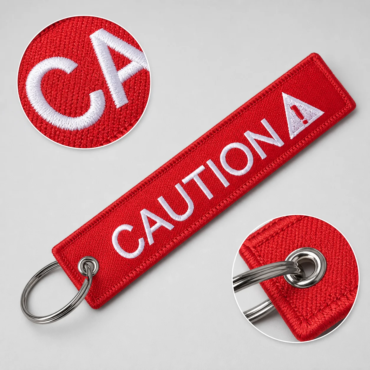 GEKTIMER 50 Pack Red CAUTION Embroidered Keychain Tags, Fabric Luggage Zipper Pulls with Split Rings for Bags, Keys & Travel