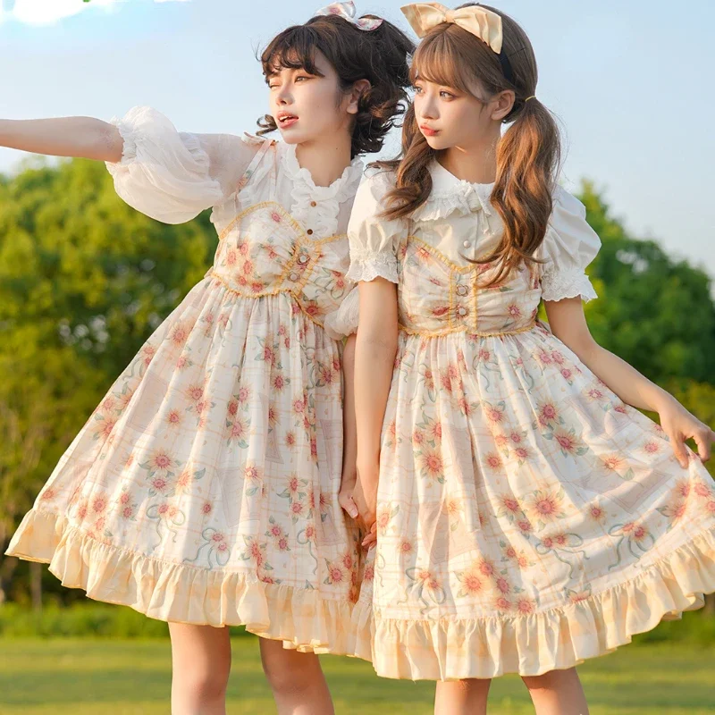 Robe d'été Kawaii Lolita Jsk pour femmes, imprimé tournesol doux, volants, robes de soirée pour filles, mini robes d'été princesse en fibre