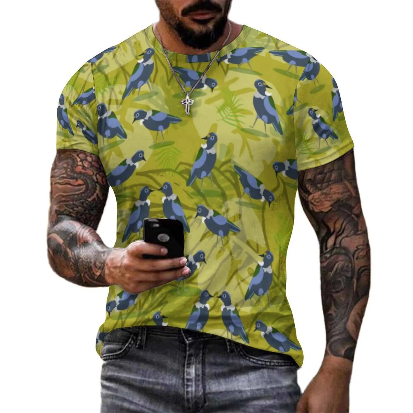 Vintage Birds Print T Shirt For Man Green Leaves Custom O Neck T-Shirts Premium Novelty Tops Short Sleeve Oversized Tee Shirt