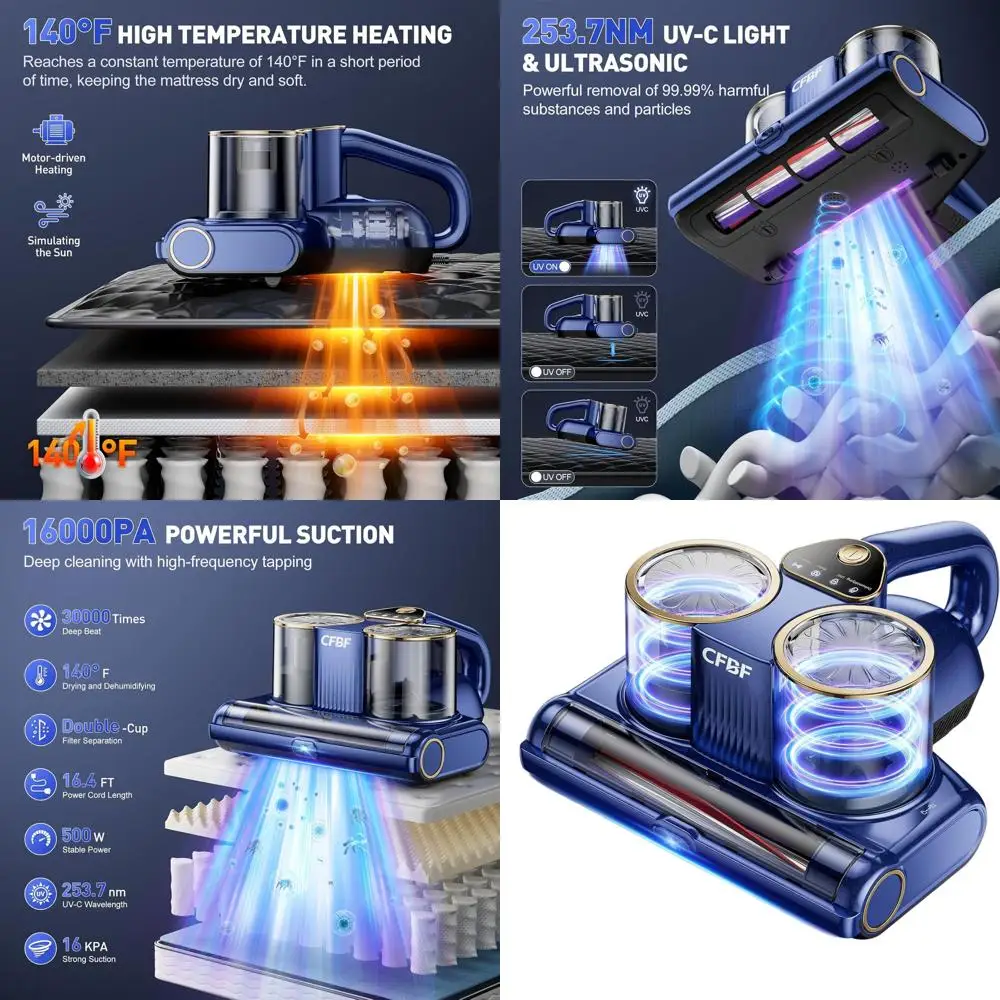 Powerful 500W Handheld Bed Vacuum Cleaner with 16Kpa Suction, UV-C Light, Ultrasonic and High Heating for Bed, Sofa, and Crib