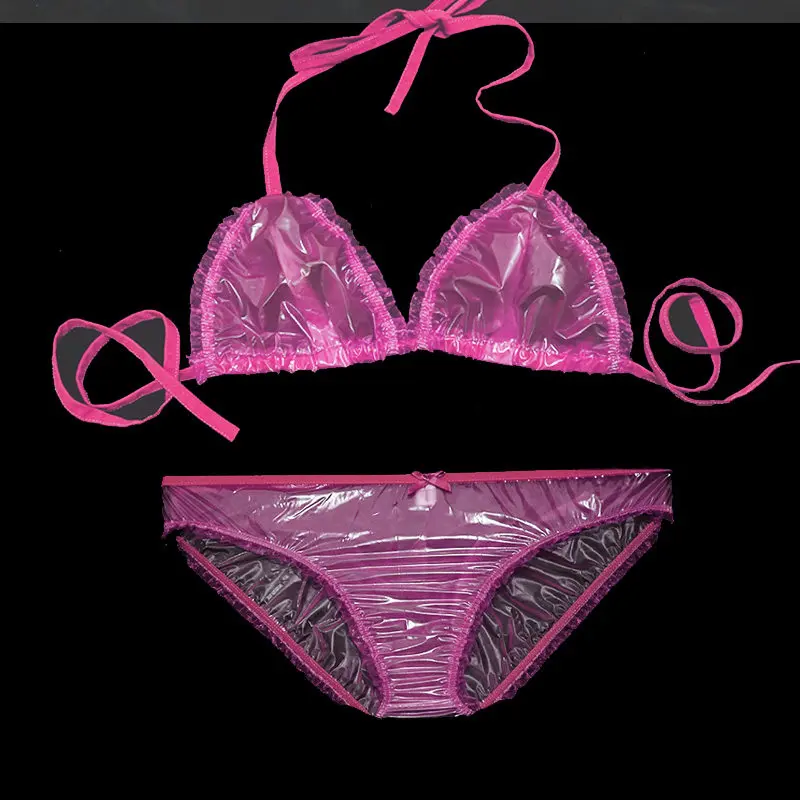 Sexy Temptation Transparent PVC Plastic Panties Thin Soft Bikini Waterproof Quick Drying Briefs Corset Lace Edge Triangle Pants