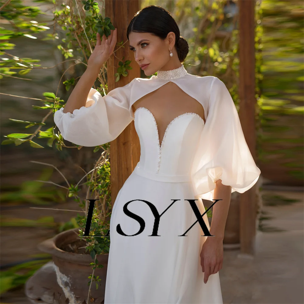 LSYX-Robe de Mariée en Organza à Manches Bouffantes et Col Haut, Vêtement avec lèvent au Dos, Ligne A, Perlé, sur Mesure, pour Patients