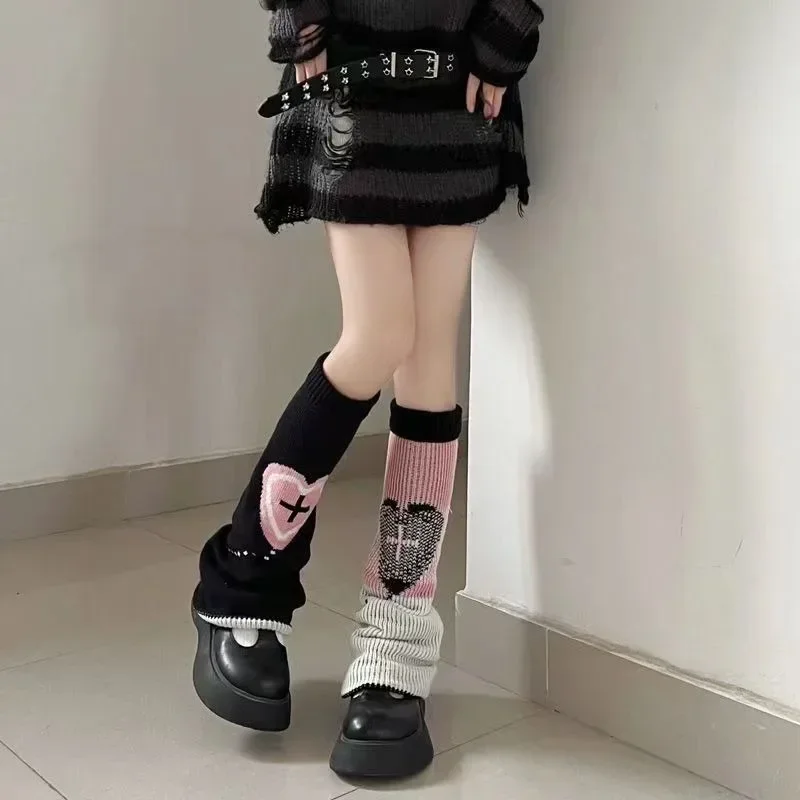 Two Side Wear Knitted Long Socks Reversible Leg Warmer Y2K Japanese Punk Streetwear Cross Boot Cover Harajuku Gothic Stockings