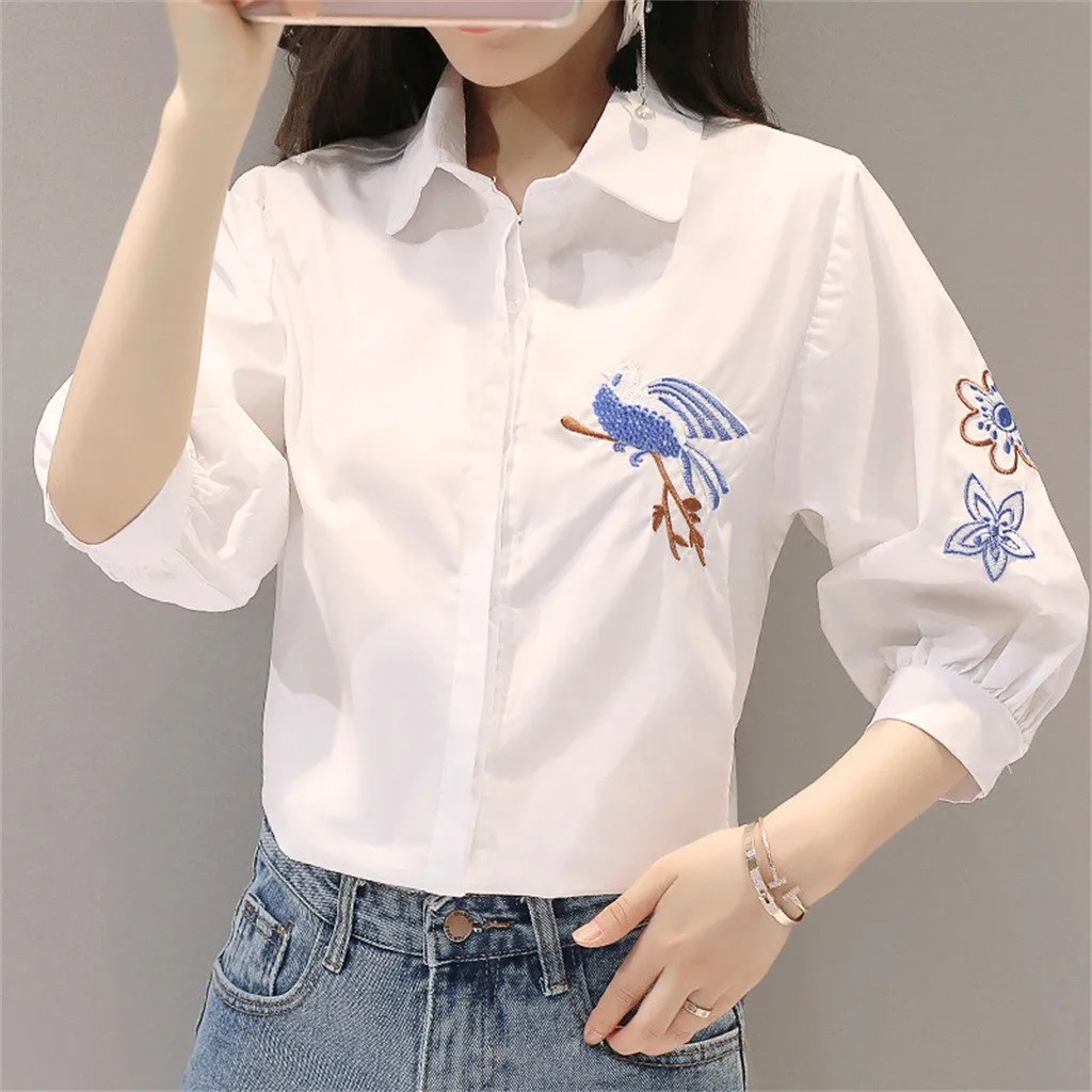 Embroidery Flower Bird Shirt Women Three Quarter Sleeve Elegant White Shirts Turn-Down Collar Blouse Top