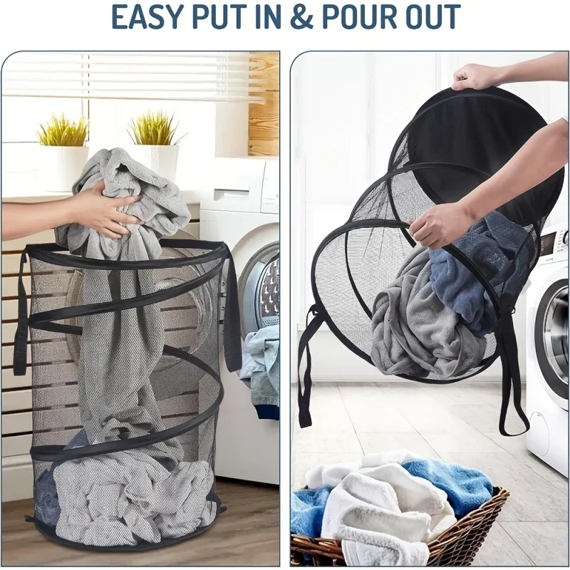 Large Foldable Mesh Laundry Basket with Handle, Sorting, Storage Bag, Laundry Basket for Bathroom and Bedroom Organization