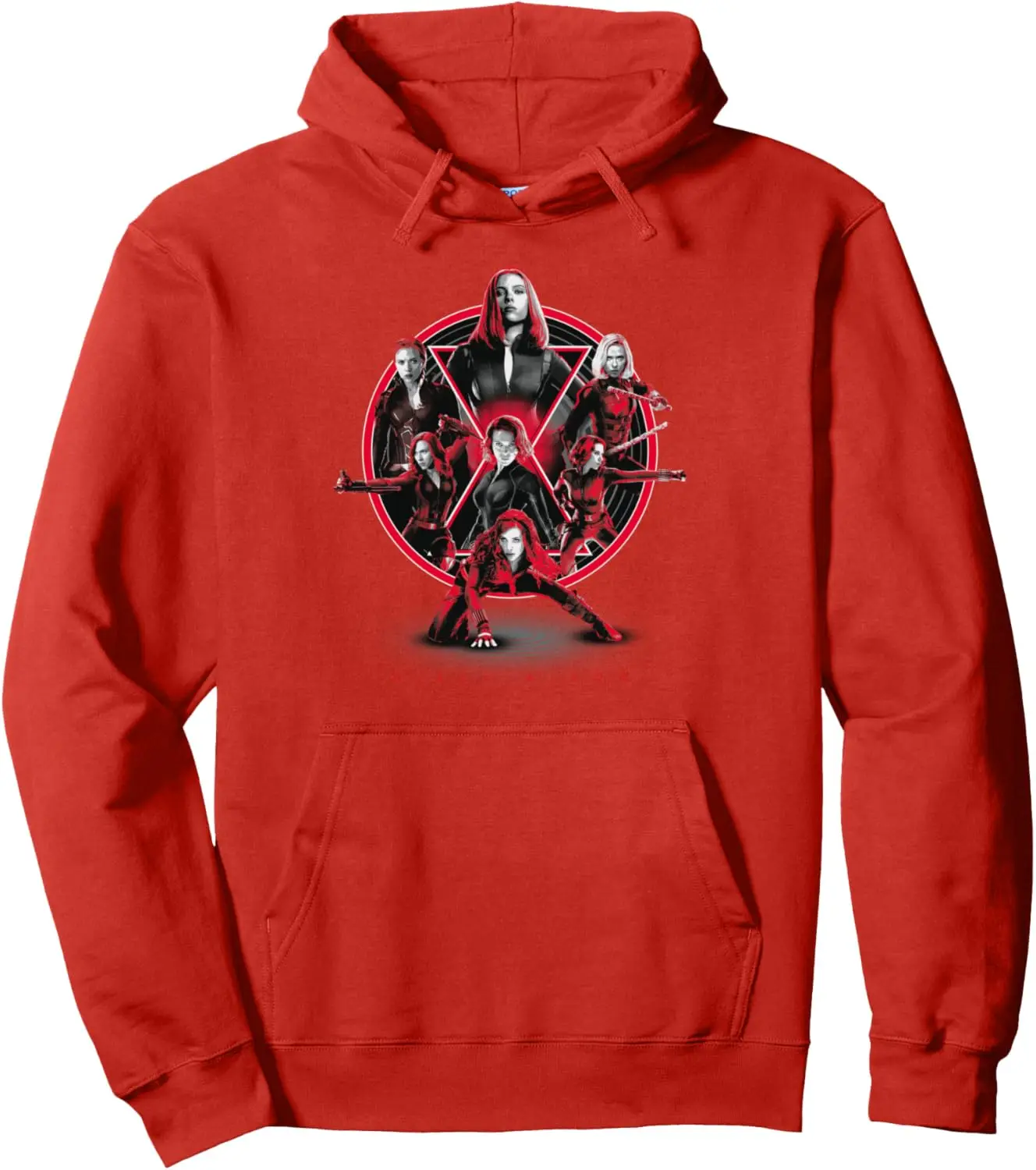 Sudadera con capucha de forro polar de algodón rojo con estampado del equipo Black Widow, diseño circular con Natasha Romanoff en la pose de combate con mujer