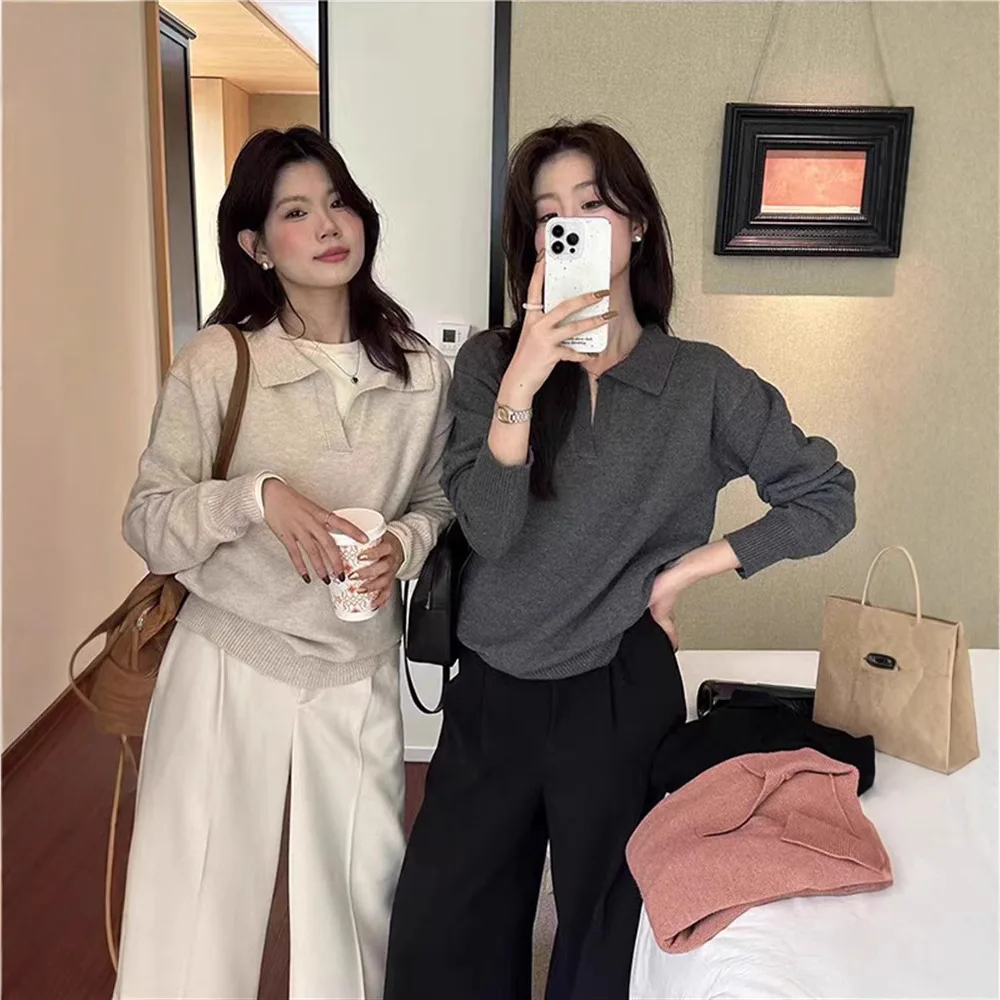 سترة بياقة للنساء لخريف وشتاء 2025 سترة كلاسيكية على طراز هونج كونج على طراز كسول سترة محبوكة غير رسمية للنساء #1