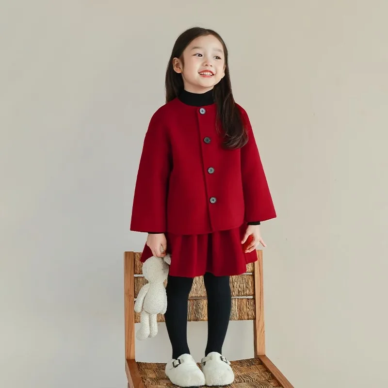 

Girls Suits Children 2024 New Autumn Winter Collection Red Coat and Skirt Two-piece Set Clothes Korean Simple Style Fashion