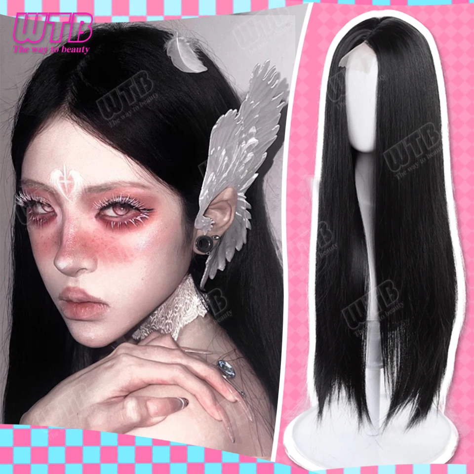 WTB Synthetic Straight Lolita Wig with Lace Front Long Straight Hair Wig for Women Halloween Cosplay Party Festival & Daily Wear