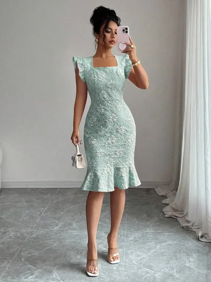 

Elegant Floral Jacquard Ruffle Hem Midi Dress For Summer Commuting