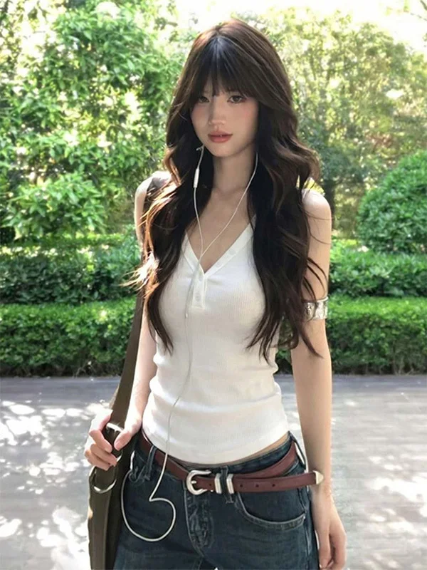 Chic Korean Style Button Detail Women's Slim Fit Vest 2026 New Arrival Waist Cinching Slimming Design Sensation Top