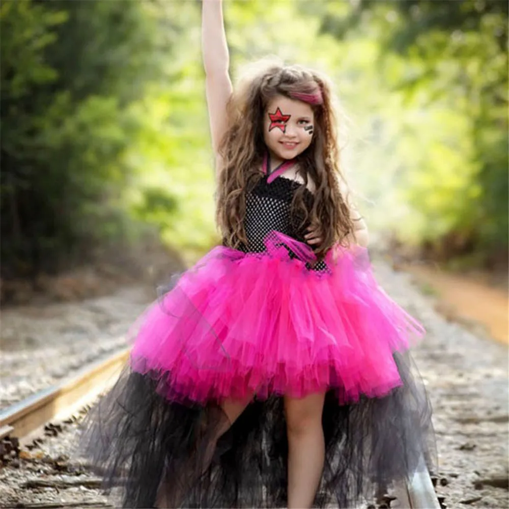 Rock Star Queen Girls Dress Up Tutus Fashion High-Low Tutu Dress for Girl Dance Party Dresses Kids Birthday Photo Shoot Costume